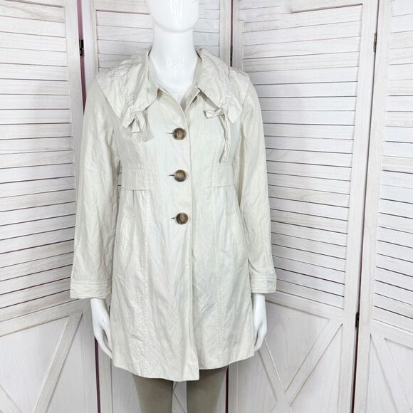 Ann Taylor Loft Ruffled Collar Crinkle Short Trench Coat Jacket Cream Petite XXS - Picture 1 of 14